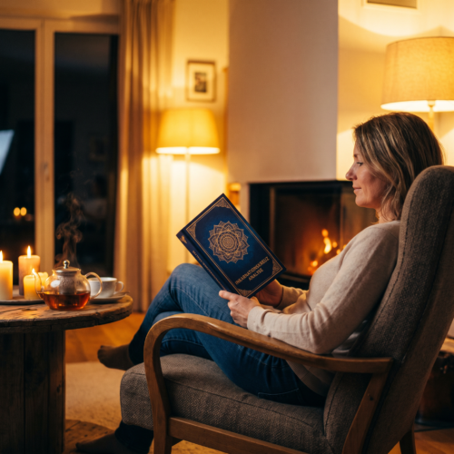 Leserin mit dem Sonderband Inkarnationskreuz am Abend