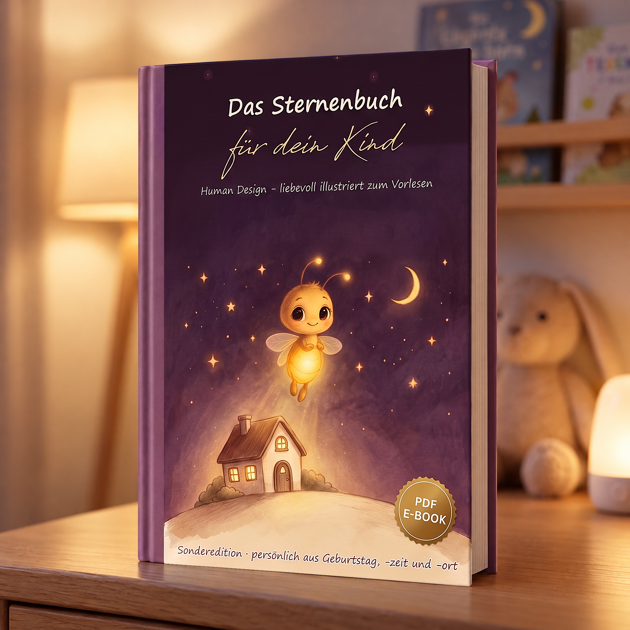 Das Sternenbuch fuer dein Kind - Human Design, liebevoll illustriert zum Vorlesen; Buch-Mockup im Kinderzimmer am Abend, PDF E-Book